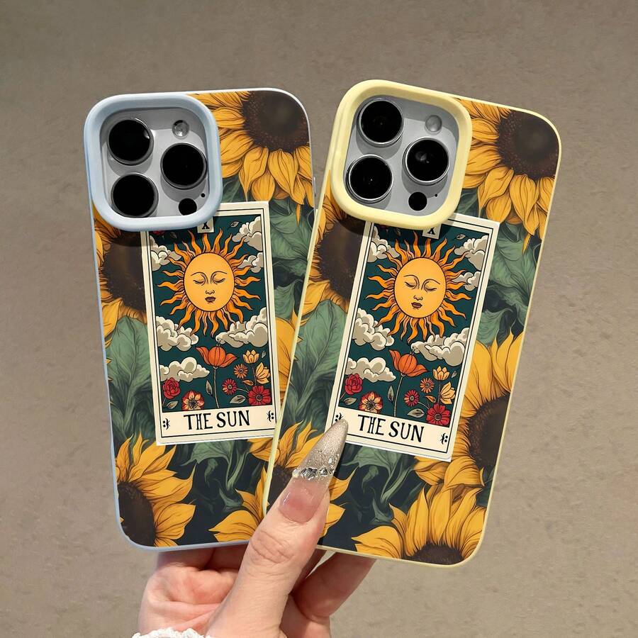 Funda para teléfono con diseño de girasol y carta del tarot. Luce un diseño de sol brillante y vibrante, ideal para teléfonos , 17, 16 Pro Max, 15 Pro Max, 13 y 12. Fabricada con TPU resistente, ofrece protección contra golpes y caídas. Perfecta para amantes de la naturaleza, amigos, regalos de otoño, personas con inquietudes espirituales y para celebrar Halloween. - Amarillo - Ver 1