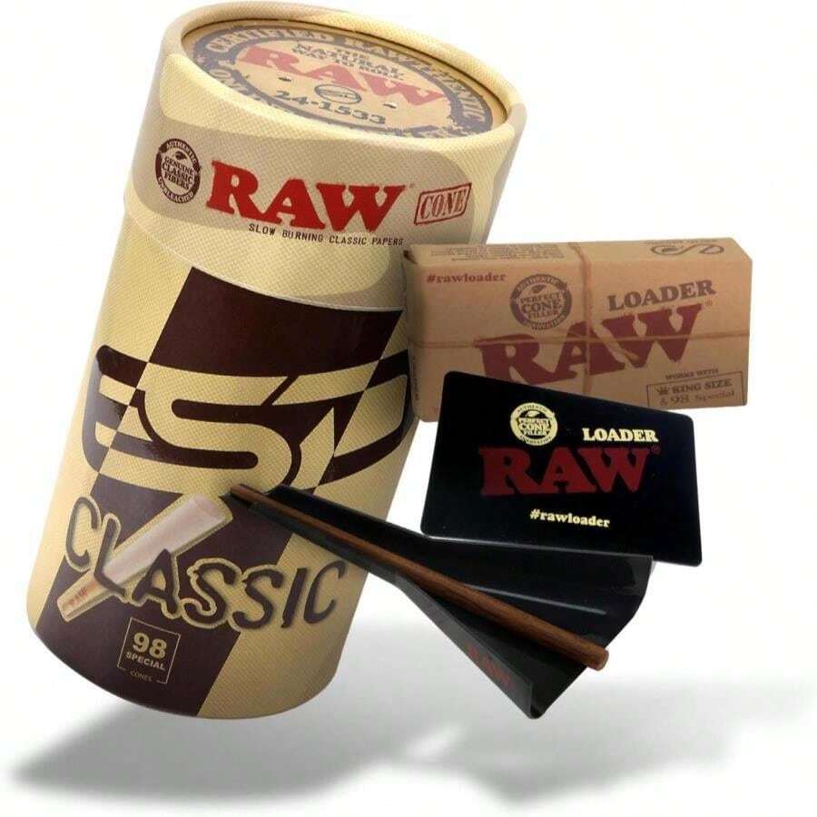 RAW Classic 1-1_4 Slow Burning Pre-Rolled Cones - 50 Pack And Cone Loader - Bundle - MàuD - Xem 1