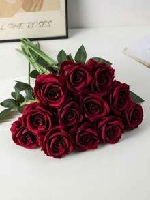 10支酒红色人造玫瑰，19.7英寸仿真新娘捧花，逼真天鹅绒质感，仿真玫瑰，适用于房间装饰、万圣节装饰、人造花卉装饰、婚礼派对、家居装饰、室内/室外装饰、花瓶填充物 - 酒紅色 - 查看 2