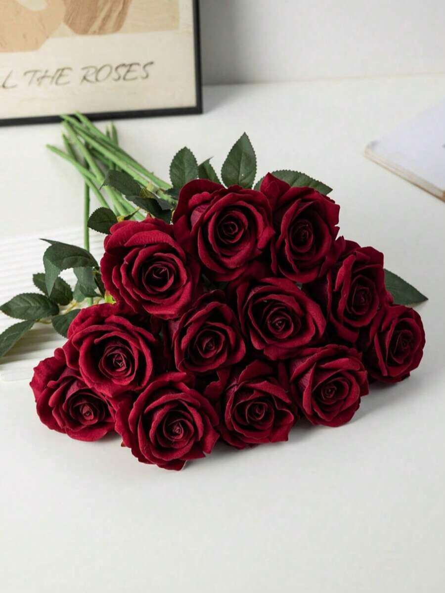 10支酒红色人造玫瑰，19.7英寸仿真新娘捧花，逼真天鹅绒质感，仿真玫瑰，适用于房间装饰、万圣节装饰、人造花卉装饰、婚礼派对、家居装饰、室内/室外装饰、花瓶填充物