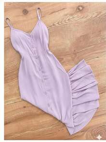 Long Dress In Viscose Linen, Plain, With Thin Straps, Buttons Down The Front, Padded Cups And Lining. Elasticated Back. - Lilas - View 2