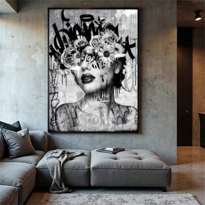 1幅黑色涂鸦女性花卉艺术画 | 大胆街头艺术帆布画 | 都市花卉之美 | 现代涂鸦墙画 | 艺术爱好者的独特礼物 | 街头艺术海报帆布画墙画房间家居装饰（无框）