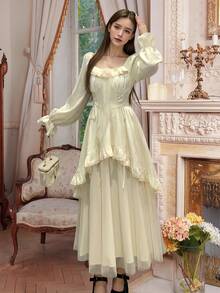 Women's Elegant Evening Party Dress Long Sleeve Ruffles Mesh Patchwork Dresses Christmas Birthday Wedding Guest Dress Autumn French Style Female Fall Vintage Chic New Year Night Going Out Outfits