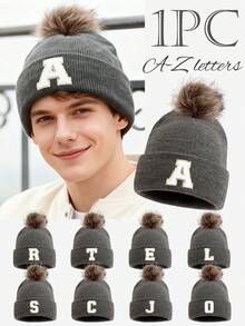 1pc Unisex 26 Letter Decor Faux Fur Pom Pom Knit Beanie Hat, Versatile Warm Windproof Casual Cap, Suitable For Autumn/Winter Outdoor Wear, Great Gift Men Women Clothing Winter