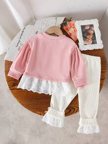 2 件套女婴草莓刺绣保暖内衬运动衫和裤子套装，可爱复古街头服饰，适合户外玩耍 - 粉色 - 查看 2