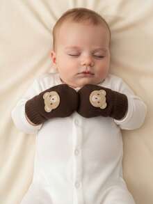 3pcs/Set Embroidered Bear Design Baby Boy Mittens, Cartoon Knitted Thick Warm Gloves, Candy Colors, Suitable For Autumn/Winter, 0-12M