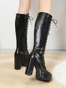 1双女士冬季新款厚底过膝长靴，时尚经典系带侧拉链方头修身长靴，超高跟黑色欧美朋克风高筒时尚长靴 - 黑色 - 查看 4