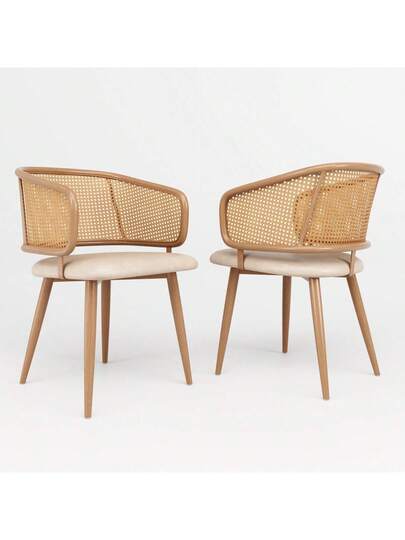 Dining Chairs, Chairs Rattan Backrest, PU Leather Seat Cushion, Com Tafel Breathable, Moderne Restaurants, Living Rooms Cafes view 8