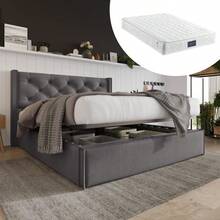 Upholstered Double Hydraulic Bed 160x200cm, Bed With Metal Mesh Frame, Modern Bed Frame With Storage, Cotton, Grey - Grey + Cotton - View 12