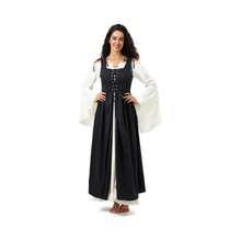 Women's Peasant Overdress With Adjustable Laces Pockets, Renaissance Corset Dress Halloween, Medieval Festival - 黑色+小號 - 查看 5