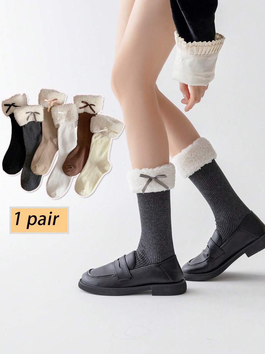 1双女士蝴蝶结装饰加厚保暖袜，适合搭配踝靴，秋冬季舒适袜子 - 彩色 - 查看 1