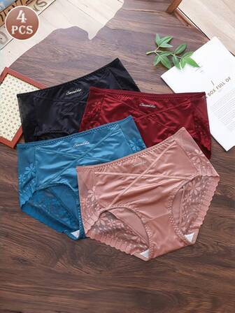 4pcs Sheer Lace Satin Smooth Sexy Luxury Breathable Triangle Panties, Non-Binding