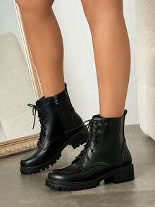 Sepatu bot ankle suede serbaguna untuk wanita, hak tinggi tebal cocok untuk bepergian, pesta, kencan, musim gugur/musim dingin. - Hitam - View 6