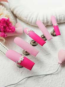 10pcs Glossy Y2K French Western Ocean Nail Art, Pink Nails, Red Nails, Light Blue Nails, Shiny Nails, 3D Handmade Starfish & Shell Decor, 3D Hand-Painted Wavy 3D Colorful Carved Rectangle Acrylic Nails, Perfect For Bikini Beach Matching. - 玫紅色 - 查看 10