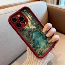 Cubierta de telefono con borde negro diseño bosque con arroyo y ciervo para iPhone 14 Pro Max protector de pantalla resistente al impacto estilo natural ideal para uso diario y viajes - Café integral - Ver 6