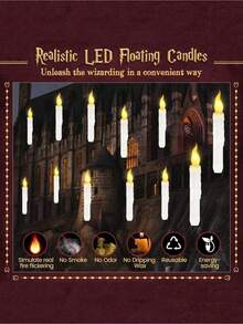 26pcs (12pcs 17cm/6.7in Candles, 12pcs 2cm/0.8in Hooks, 1pc 33.2cm/13.1in Magic Wand, 1pc 30m/9.8ft Fishing Line) Floating Candles With Magic Wand, Flameless Flickering Warm Light LED Taper Candles With Remote Control, Battery Powered For Christmas, Home, Wedding, Birthday Party Decor - Multicolor - View 13