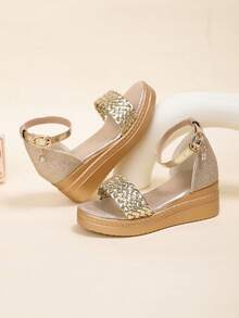 1 Pair Toddler Girls' Metallic Woven Upper Buckle Decor Soft & Luxurious PU Leather Sandals, Simple One-Strap Design, Round Toe, Comfortable Platform Wedge Heel, Fashionable Princess Style Casual High Heels Suitable For Daily, Party, Holiday Wear - 金色 - 查看 5