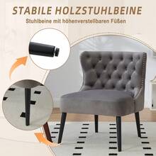 Chair, Single, Velvet Upholstery With Button Strip And Rivet Trim, Modern Design Without Arms, Solid Wood Legs For Living Room And Bedroom, Grey - Xám - Xem 5