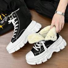 SLNU3 Brand Men's Fashion High-Top Thick-Sole Shoes, Comfortable Non-Slip Rubber Sole With Laces Flat Shoes, Thermal Lined Thick Winter Warm Boots, Suitable For Men's Outdoor Activities, Black Boots Couple Style,Fur Boots - Black and White - View 3