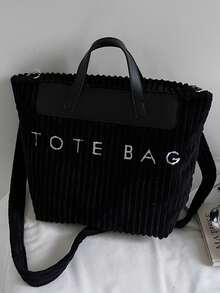 Bolso de mano de mujer de pana de unicolor con gran capacidad y parches - Negro - Ver 3