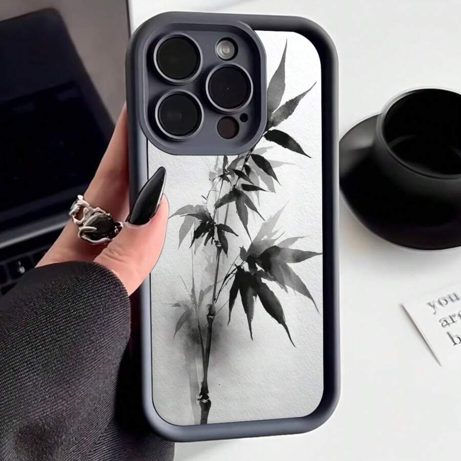 Cubierta de teléfono con borde negro diseño de bambú en blanco y negro para iPhone 14 Pro Max estilo minimalista elegante para uso diario y oficina - Blanco - Ver 1
