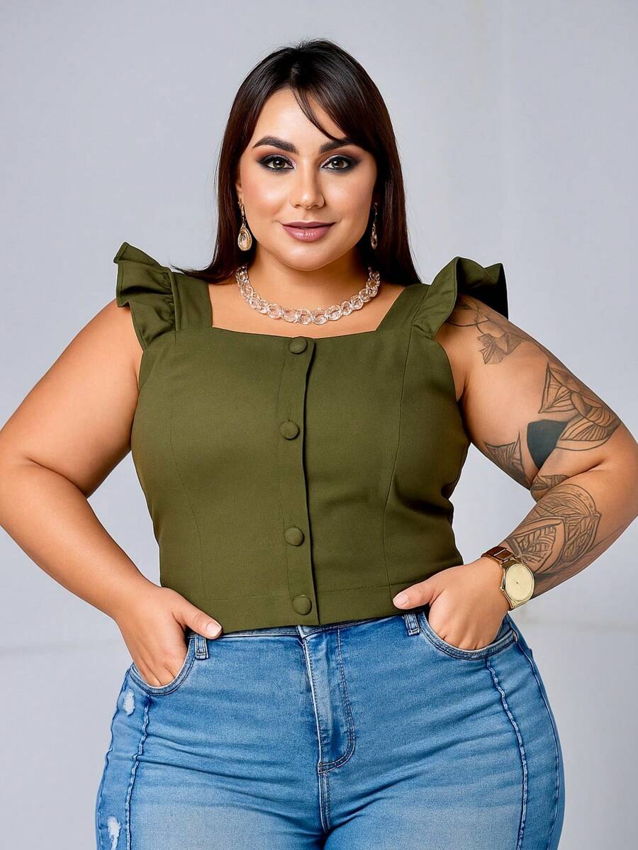 Women's Summer Plus Size Cropped Blouse With Ruffled Sleeves, Button Detail, Back Zipper, Curve Look, Sizes 44 To 54 - Verde militar - Ver 1