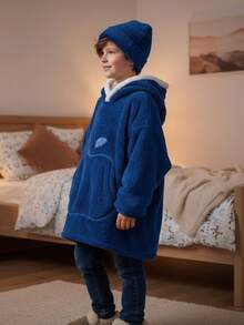 Sudadera Cobija para Niño/Niña con Diseño de Manzana-  Hoodie Manta Suave, Calientita, Oversize para Invierno y Descanso en Casa - Azul - Ver 3