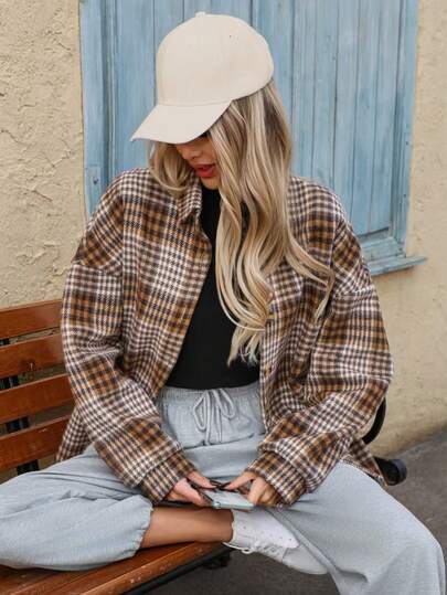 Jaqueta casual xadrez feminina com forro térmico, outono/inverno