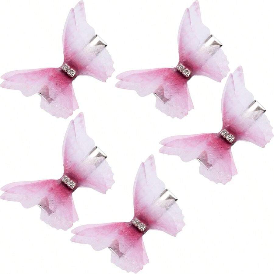 5pcs Red Butterfly Hair Clips Gradient Rhinestone Organza Barrettes Christmas Bachelorette Party Halloween Rave Festival Concert Hair Accessories For Women - 紅色 - 查看 1