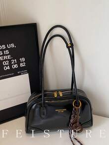 1个PU材质女士通勤腋下包，时尚保龄球包款式，带吊坠，适合日常出行、约会和通勤。 - 黑色 - 查看 8