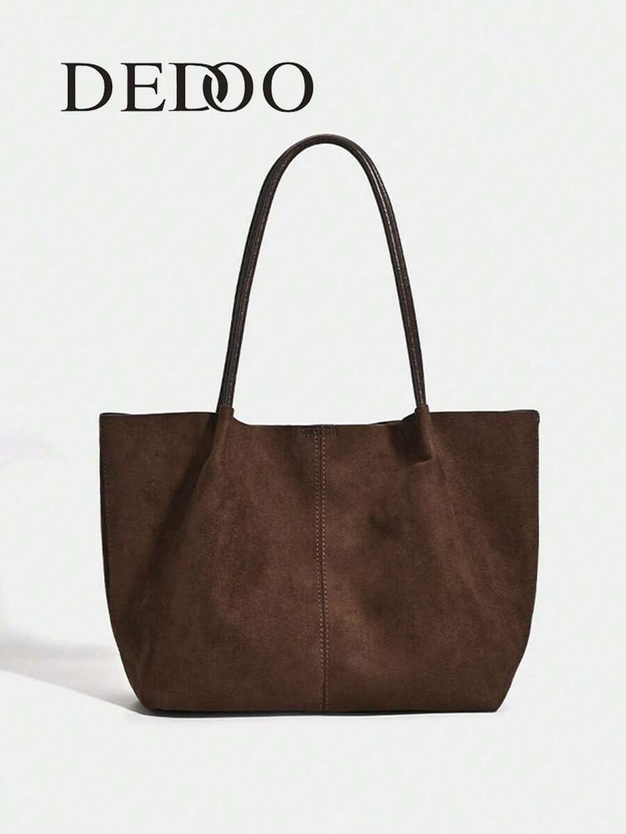 Dedoo 2025秋冬新款咖啡棕色绒面复古大容量单肩包，配有小包、腋下包，商务女士休闲时尚日常通勤包，适合工作、购物、约会、旅行、大学生等场合，女士包袋，日常使用。 - 咖啡 - 查看 1