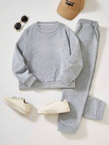 Ropa para adolescentes y mujeres jóvenes: Sudadera de cuello redondo gris combinada con pantalón de chándal gris - Gris - Ver 3