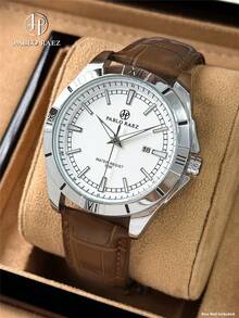 Pablo Raez 1pc Vintage Watch Luxury Original Silver Color Non Tarnish Stainless Steel Clocks Charming Luminous Wristwatches 50M Water Resistant Business Big Dial Microfiber Leather Bracelet