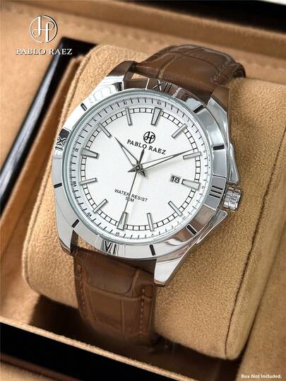 Pablo Raez Pablo Raez 1pc Vintage Watch Luxury Original Silver Color Non Tarnish Stainless Steel Clocks Charming Luminous Wristwatches 50M Water Resistant Business Big Dial Microfiber Leather Bracelet