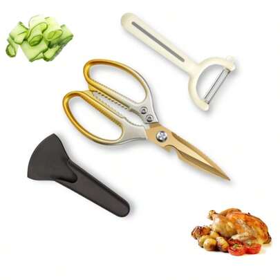 1pc Ombre Gold Kitchen Scissors Set (With Scissors Sheath) - Includes Peeler, Stainless Steel Heavy Duty Poultry Shears, Multipurpose Seafood Scissors, Essential Kitchen Tool Set For Meat, Vegetables