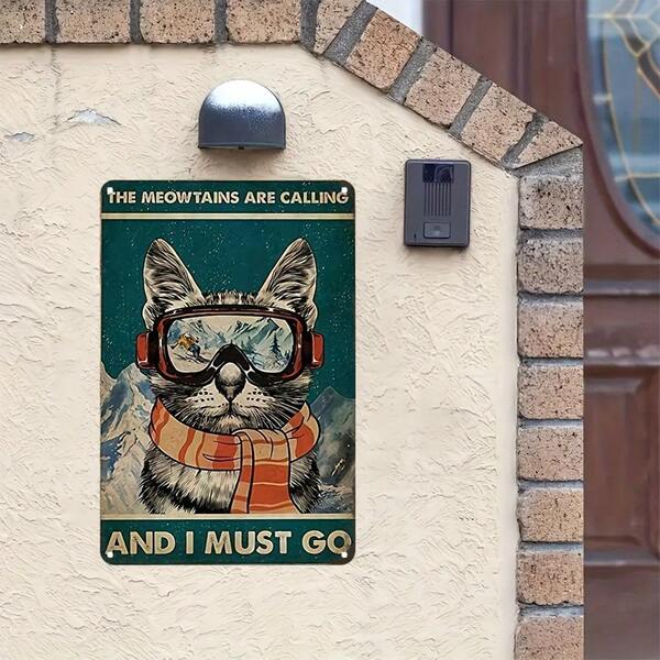 1 pieza Cartel de metal con gato de esquí vintage, arte de pared de aventura Meowtains retro, decoración de habitación y hogar, adecuado para cafetería, bar, restaurante y garaje, placa de metal (8"X12")