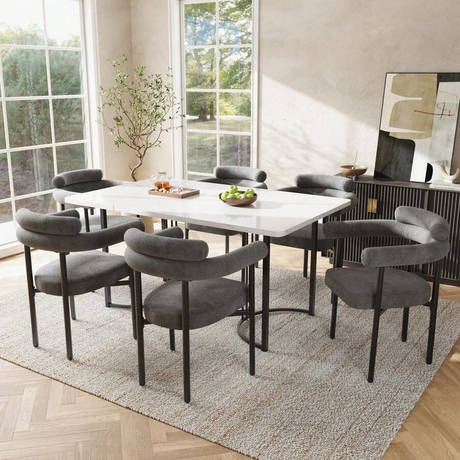 Table And Chair Set (5 Pieces), With Designer Metal Legs, Including 4 Hollow Armchairs In Wild Gray Leather Fabric, Elegant And Comfortable, Suitable For Restaurants. - 深灰色 + 白色 + 鐵 - 查看 1