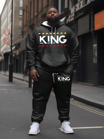 Plus size herrset med svart "KING"-tryck och grafisk bokstav, lös passform, bantningskostym i två delar, avslappnad stil