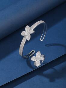 2pcs Copper Bracelet & Ring Jewelry Set, Floral Zirconia Design, Fashionable & Charming, Suitable For Gifts And Daily Wear - 026224 - View 2