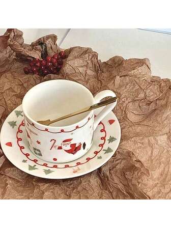Christmas Ceramic Coffee Cup & Saucer Set, Korean Ins Style, Retro Handpainted Afternoon Tea Plate & Cup