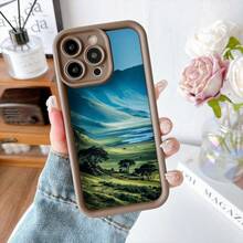 Cubierta de teléfono con borde negro diseño paisaje natural verde y azul montañas praderas y árboles para uso diario y viajes - Negro - Ver 5