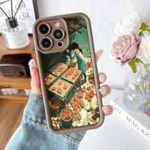 Cubierta de teléfono con borde negro diseño de niña vendiendo calabazas en mercado estilo anime para uso diario y viajes - Burdeos - Ver 5