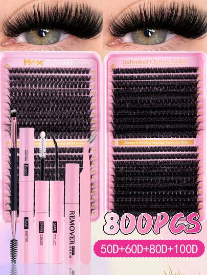 800/300/290/270pcs Individual False Eyelashes, 8-16mm D Curl Lash Extension Kit With Glue And Sealant, DIY Eyelash Extension Tools, Suitable For Beginners, Travel, Daily Wear, Wedding, Date, Party, Holiday - Christmas/Halloween/Gift