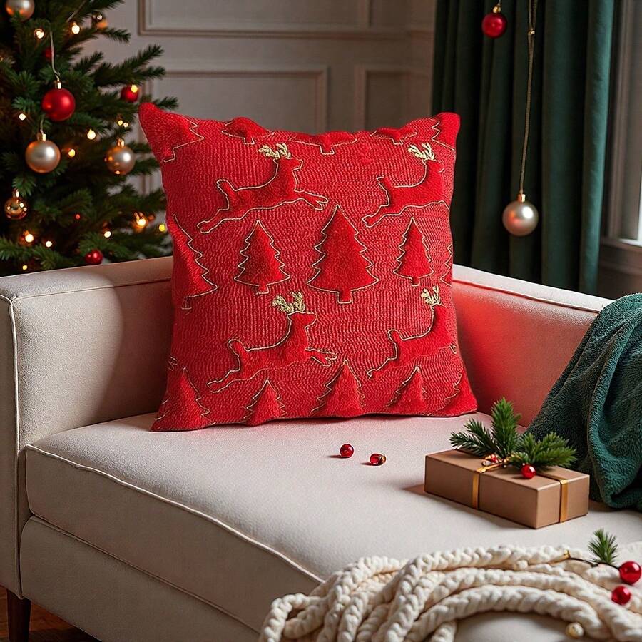 1 buc. Decorațiune de Crăciun, brad de Crăciun, blană artificială moale, față de pernă de pluș, potrivită pentru canapea în dormitor, sufragerie, inserția de pernă nu este inclusă