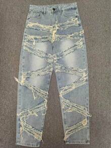 Jeans ajustados para hombre con lavado, bordado y flecos de moda - Lavado ligero - Ver 9