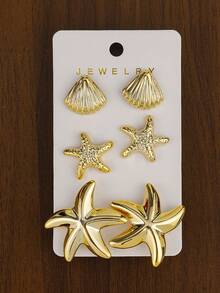 3-12 Pairs/Set Fashionable Minimalist Design, Summer Vacation Style Starfish, Shell, Conch Multi-Element Earrings, Girls Daily Wear, Christmas And Valentine's Day Gifts - #4 Gold - View 2