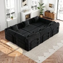 Chenille 2-In-1 Sofa Bed With Armrest Storage Pocket, Three Metal Frames And Multiple Configuration Options - 黑色+雪尼爾+6座 - 查看 3
