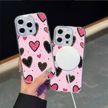 CLEAR  CASE Pink Background With Black And Pink HeartsCompatible With  11 To  17 Models The Cases Lens Protection Function Ensures The Camera Remains Undamaged During Shooting  Guaranteeing Image Quality - transparente - Ver 2