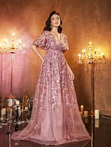Damen Kleid mit tiefem V-Ausschnitt, rückenfreiem Design und Rüschenärmeln, Mesh-Stickerei-Patchwork, taillierter Schnitt, ausgestellter Rock, elegantes Abendkleid für Partys - Rot-violett - Übersicht 5