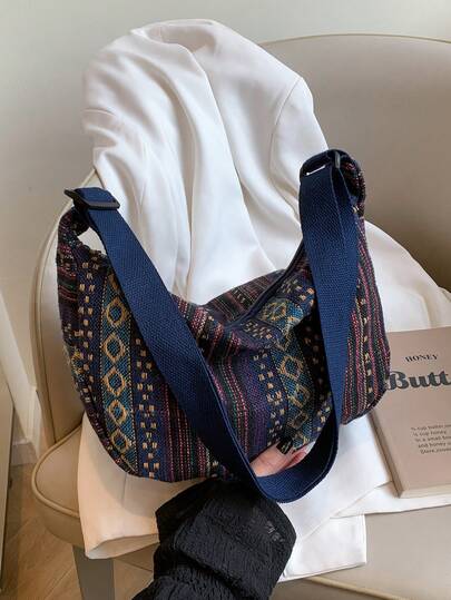 Large Capacity Dumpling Bag 2025 Women's Bag Retro Striped Canvas Shoulder Bag Foreign Style Crossbody Bag